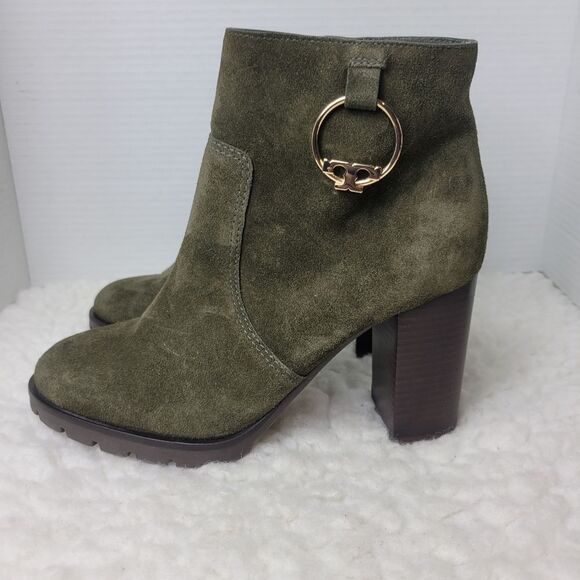 Tory Burch Sofia Women's Size 9 Boots Lug Sole Bootie Green Suede Shoes - Picture 3 of 10
